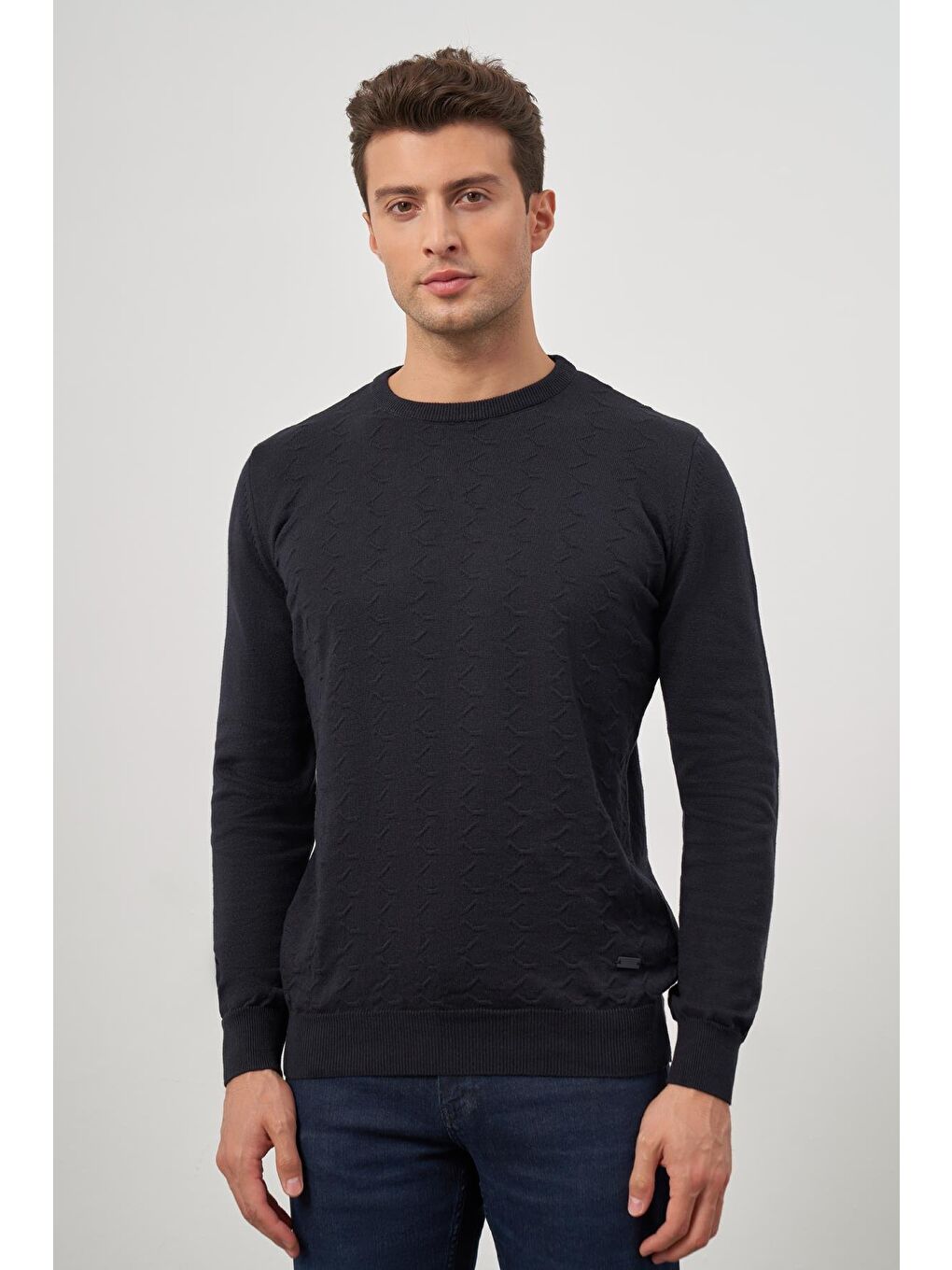 Koyu Lacivert Uzun Kol Kendinden Desenli Örme Bisiklet Yaka Classic Comfort Fit Triko 1012245155