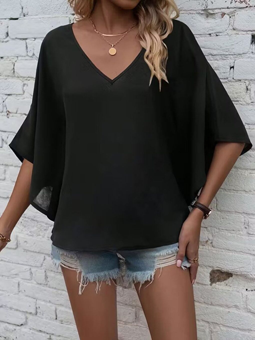 Siyah Kadın Kısa Kollu V Yakalı Salaş Viskon Bluz-3