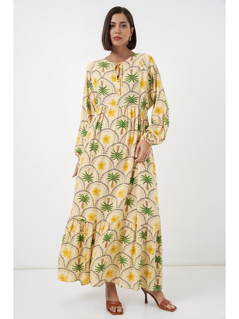 Kadın Desenli Tesettür Elbise 2594 - Sarı-1