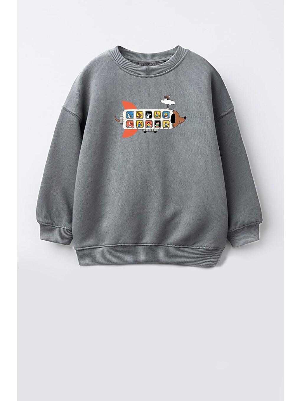 Antrasit Erkek Çocuk 3 İplik Kumaş Pamuklu Uçak Baskılı Sweatshirt