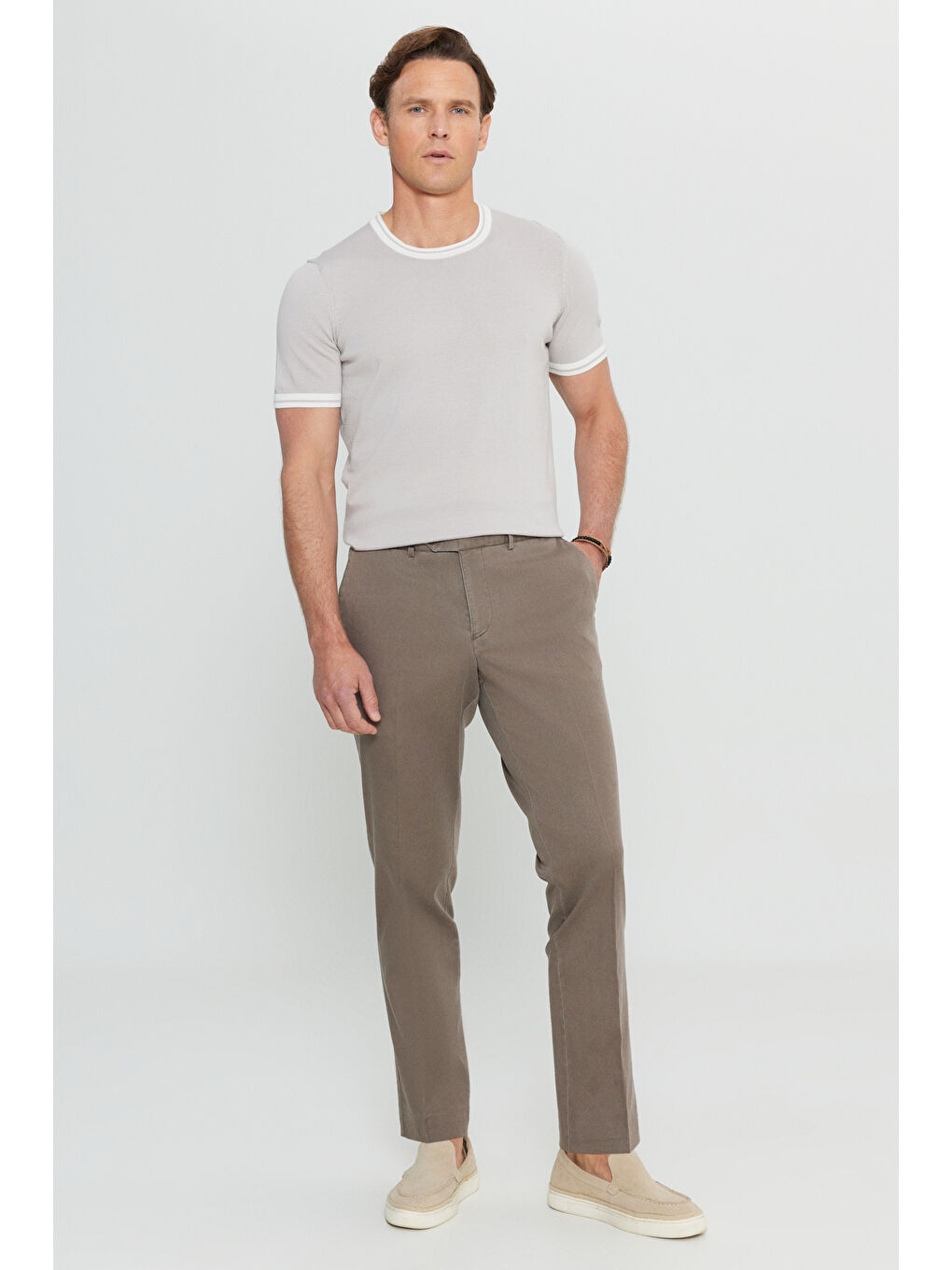 Bej Erkek Vizon Pamuklu Slim Fit Dar Kesim Yan Cep Casual Pantolon-1