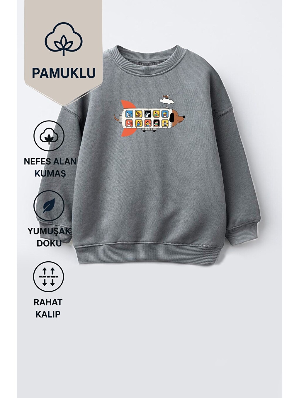Antrasit Erkek Çocuk 3 İplik Kumaş Pamuklu Uçak Baskılı Sweatshirt-1