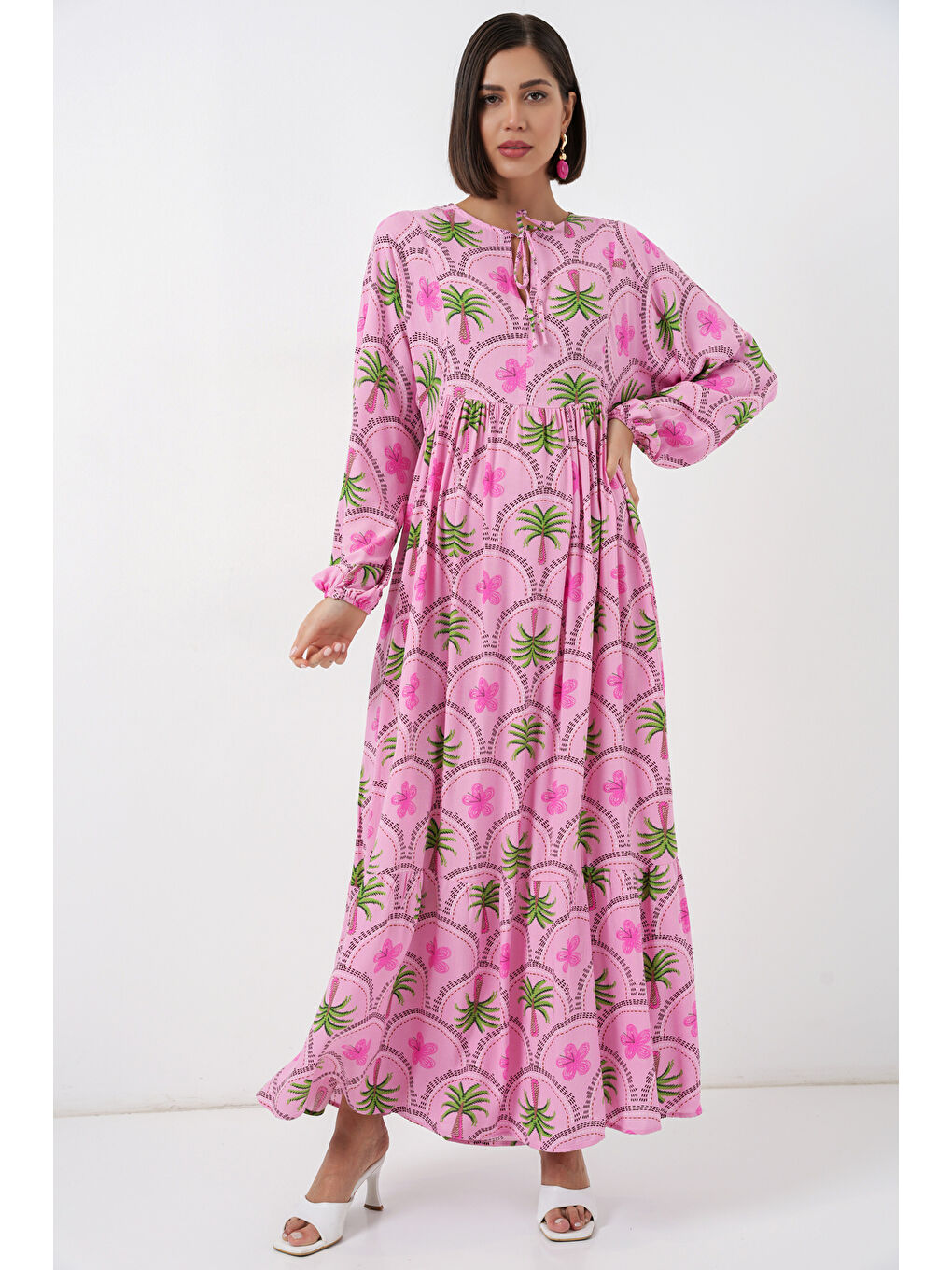 Kadın Desenli Tesettür Elbise 2594 - Pembe-1