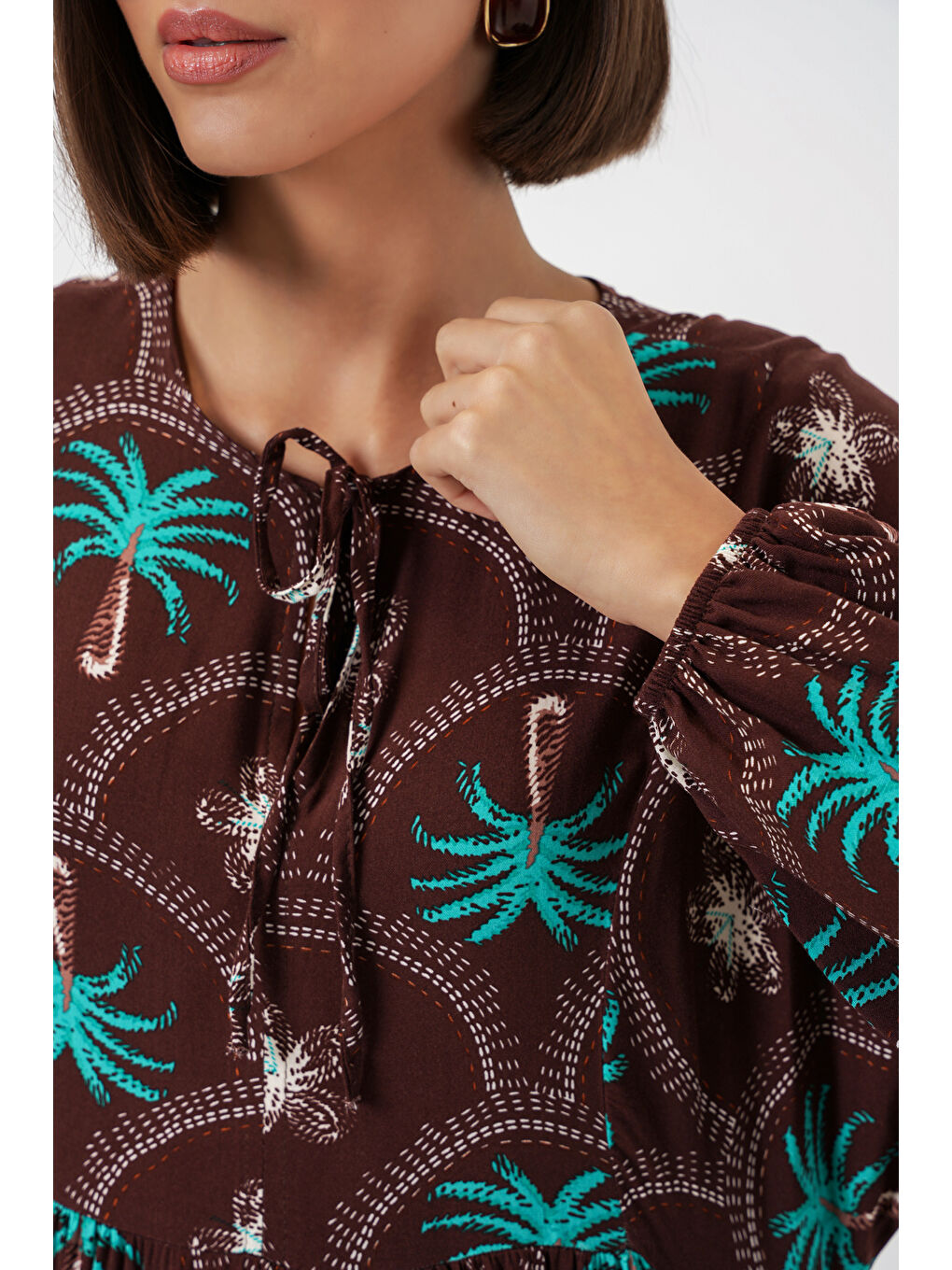 Kadın Desenli Tesettür Elbise 2594 - Kahverengi-3