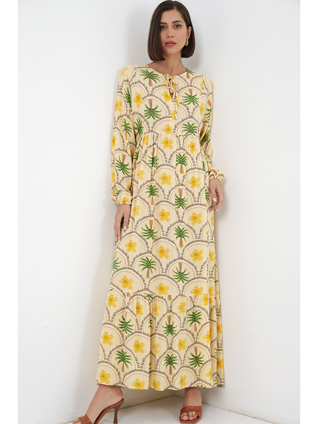 Kadın Desenli Tesettür Elbise 2594 - Sarı-2