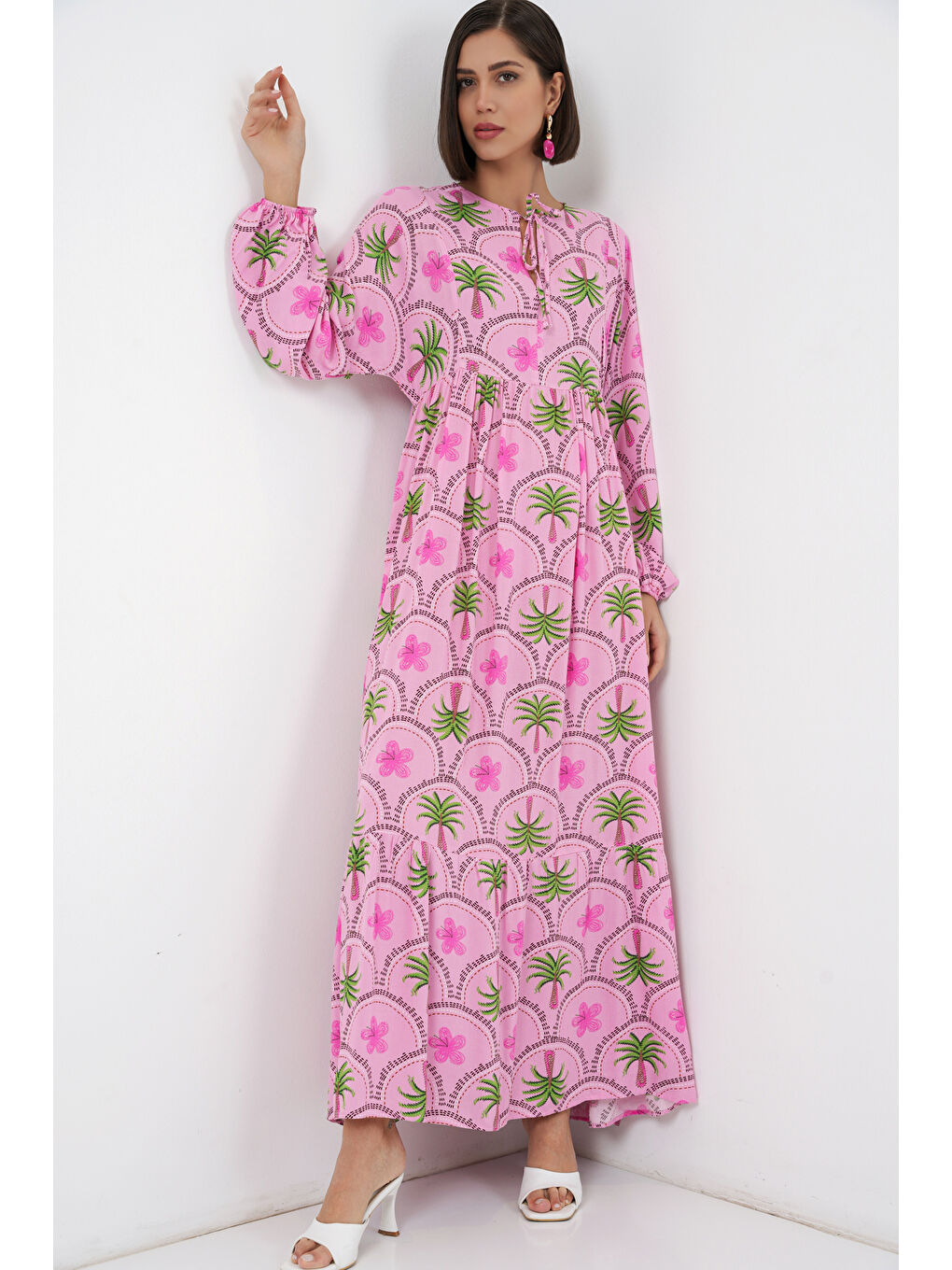 Kadın Desenli Tesettür Elbise 2594 - Pembe-2