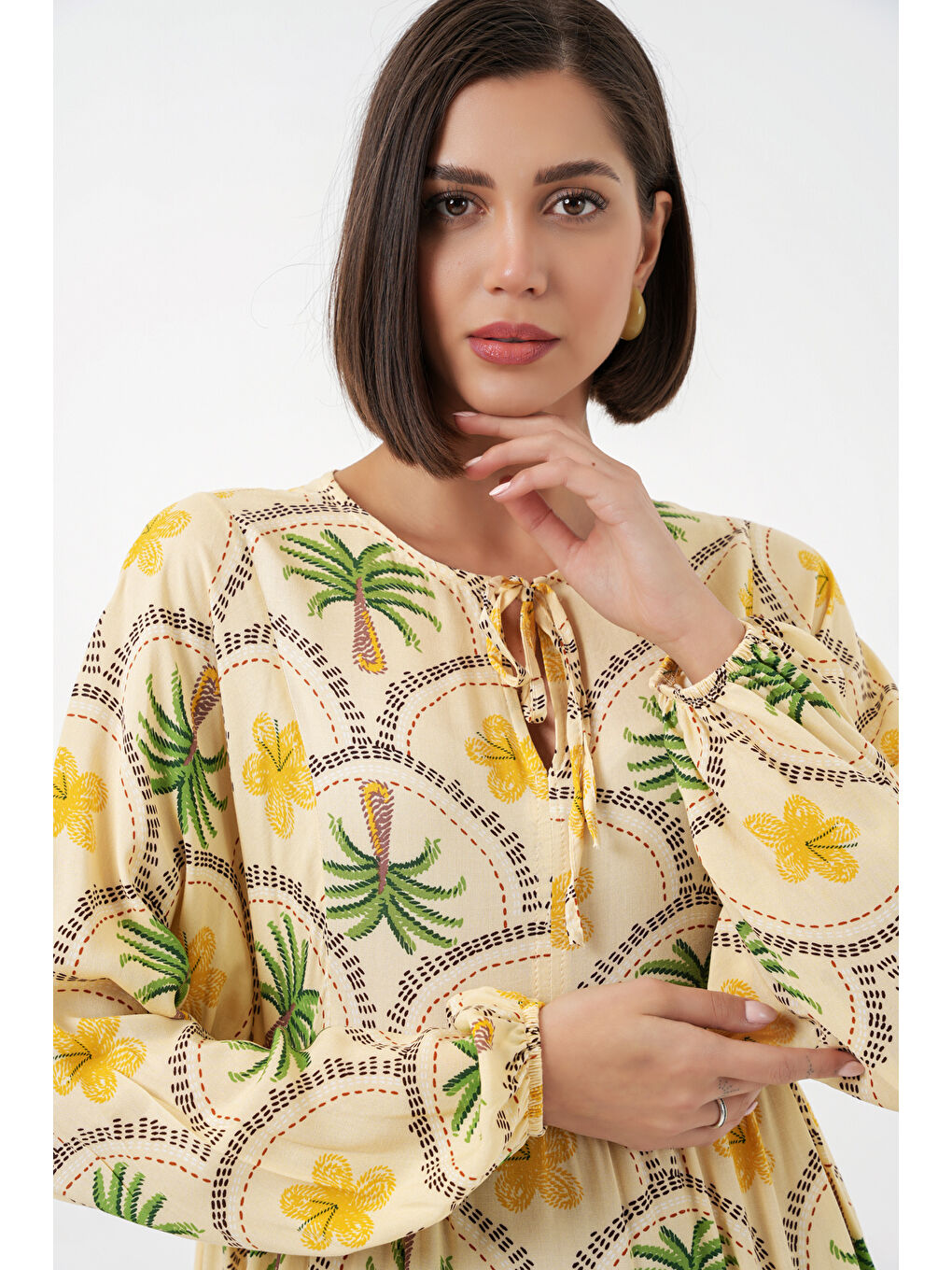 Kadın Desenli Tesettür Elbise 2594 - Sarı-3