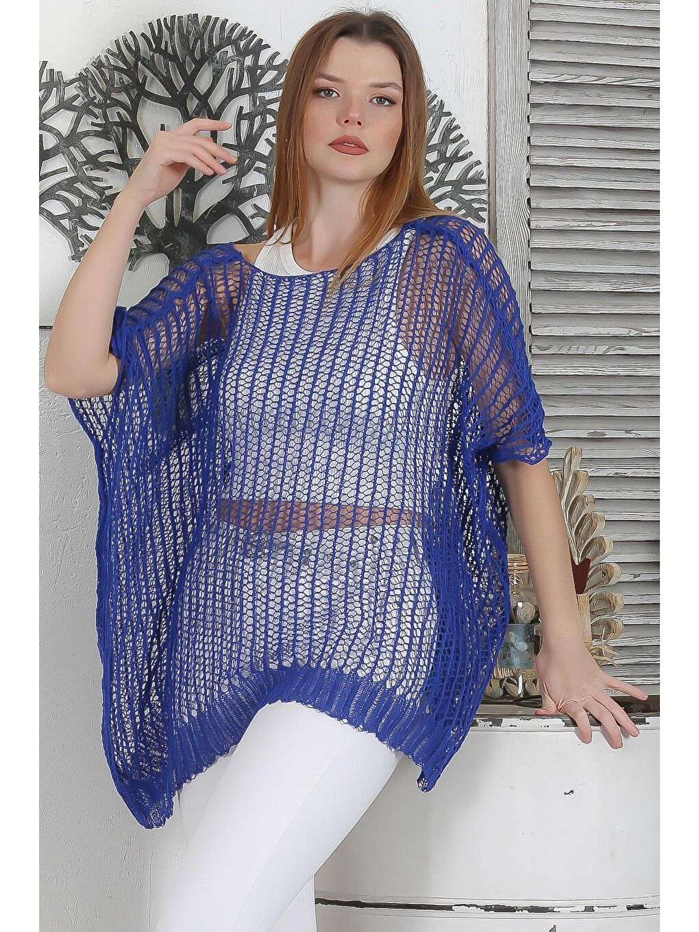 Mavi Kayık Yaka Kolsuz File Casual Oversize Triko Bluz