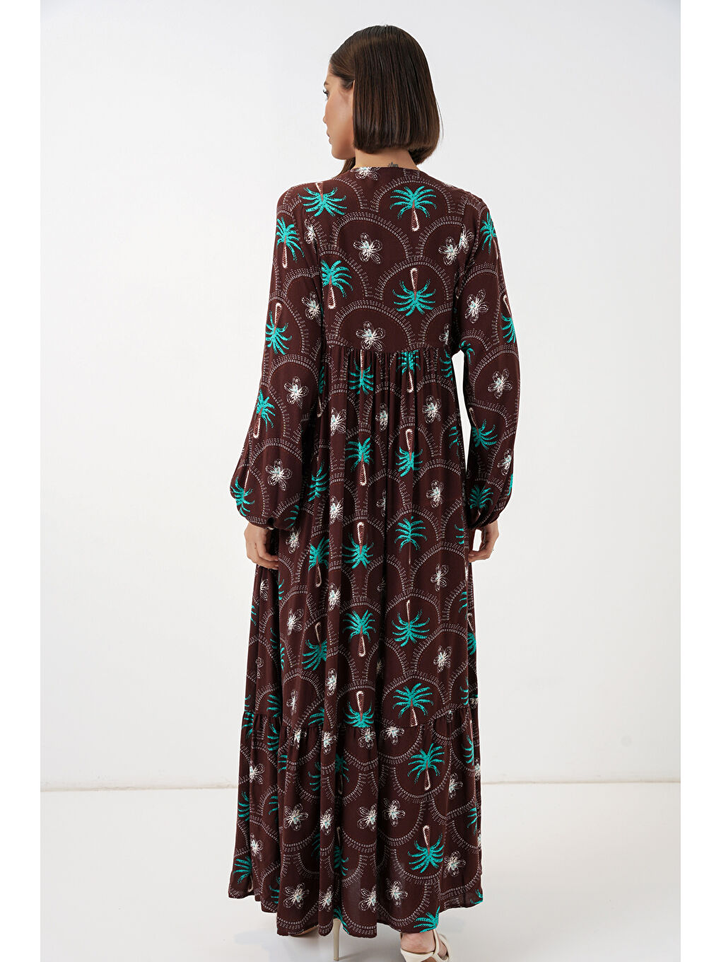 Kadın Desenli Tesettür Elbise 2594 - Kahverengi-4