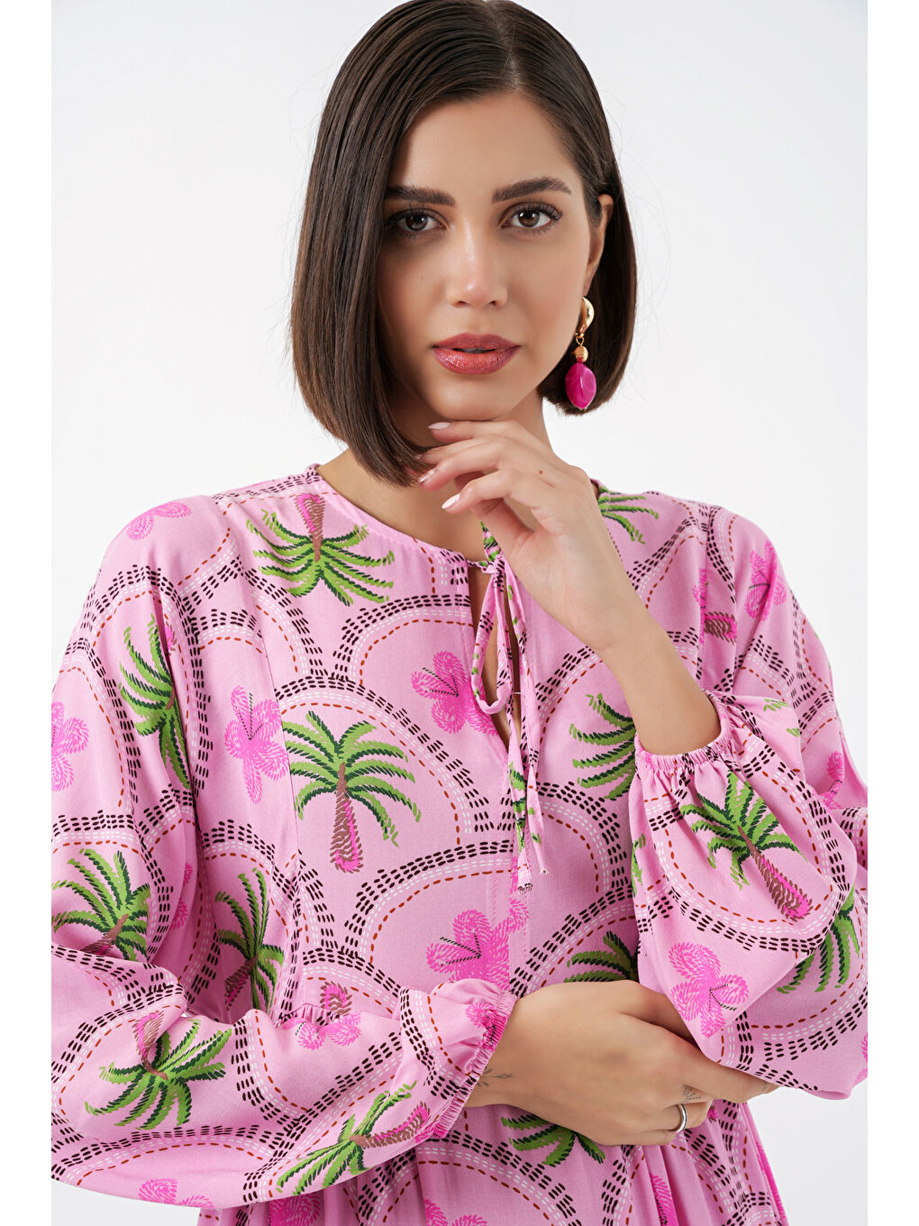 Kadın Desenli Tesettür Elbise 2594 - Pembe-3