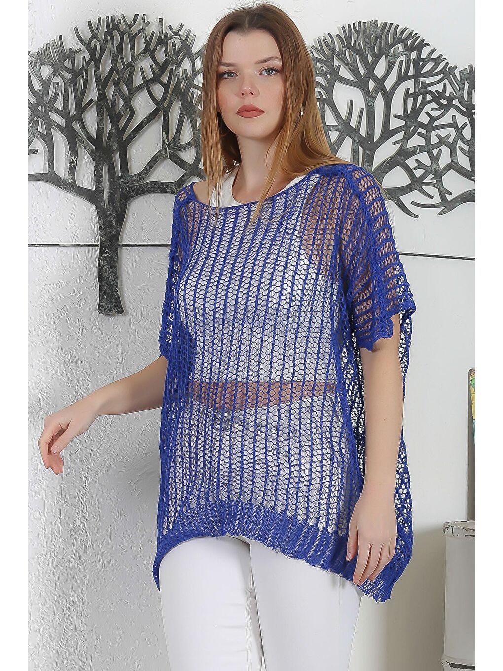 Mavi Kayık Yaka Kolsuz File Casual Oversize Triko Bluz-2