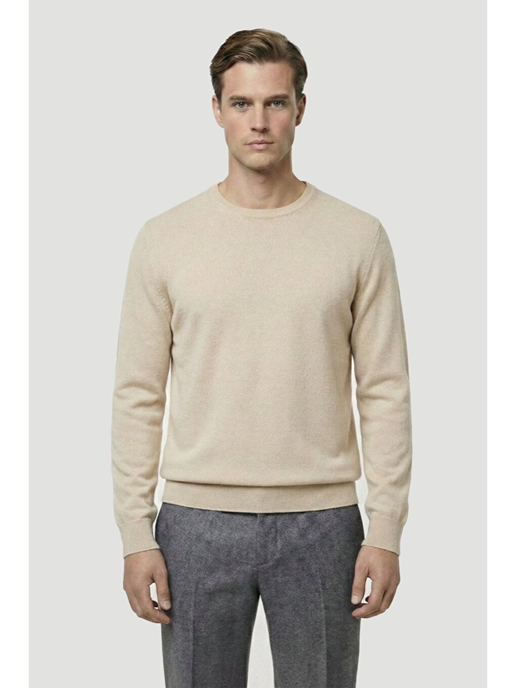 Ekru Standart Fit Yün Karışımlı Bisiklet Yaka Düz Erkek Triko Kazak