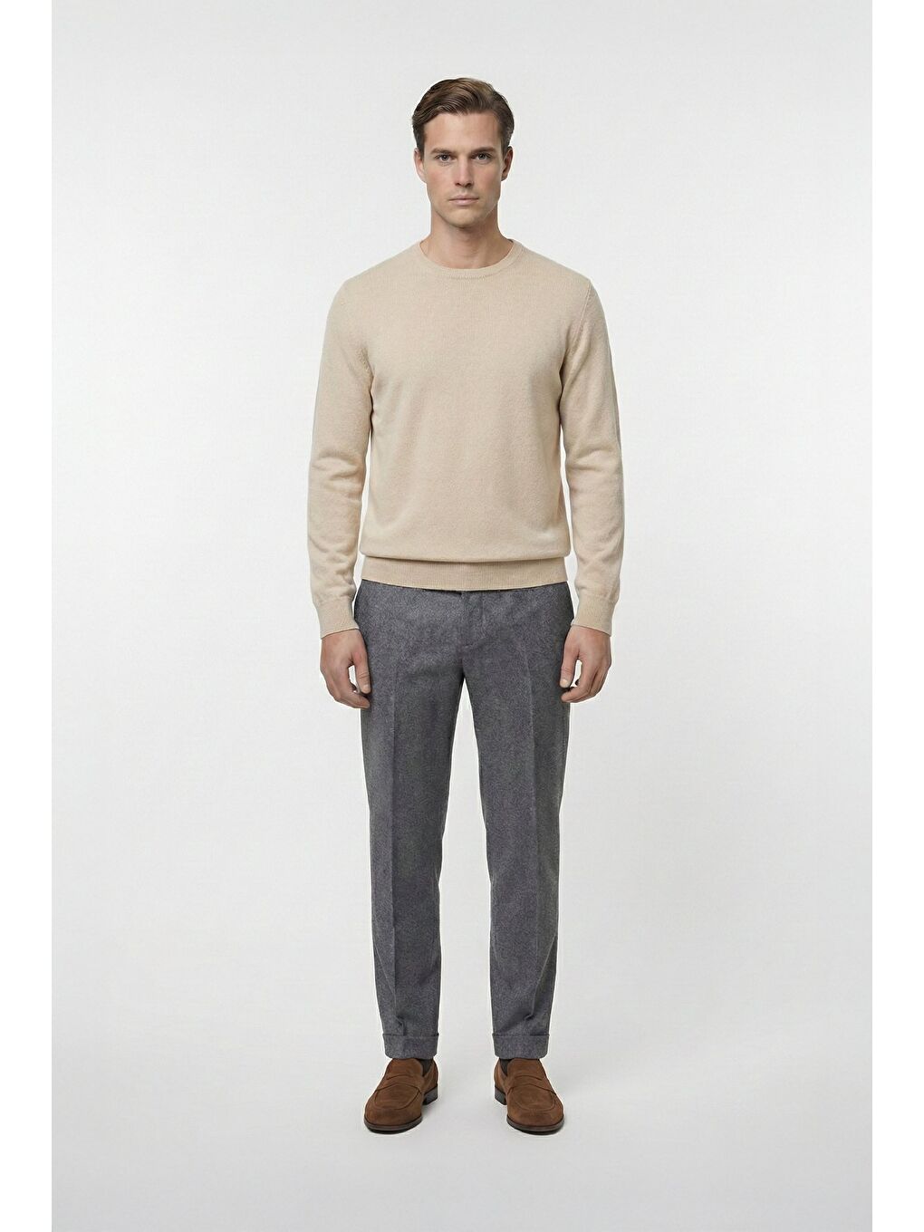 Ekru Standart Fit Yün Karışımlı Bisiklet Yaka Düz Erkek Triko Kazak-1