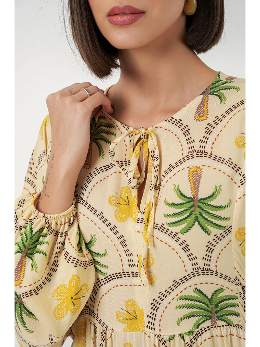 Kadın Desenli Tesettür Elbise 2594 - Sarı-4