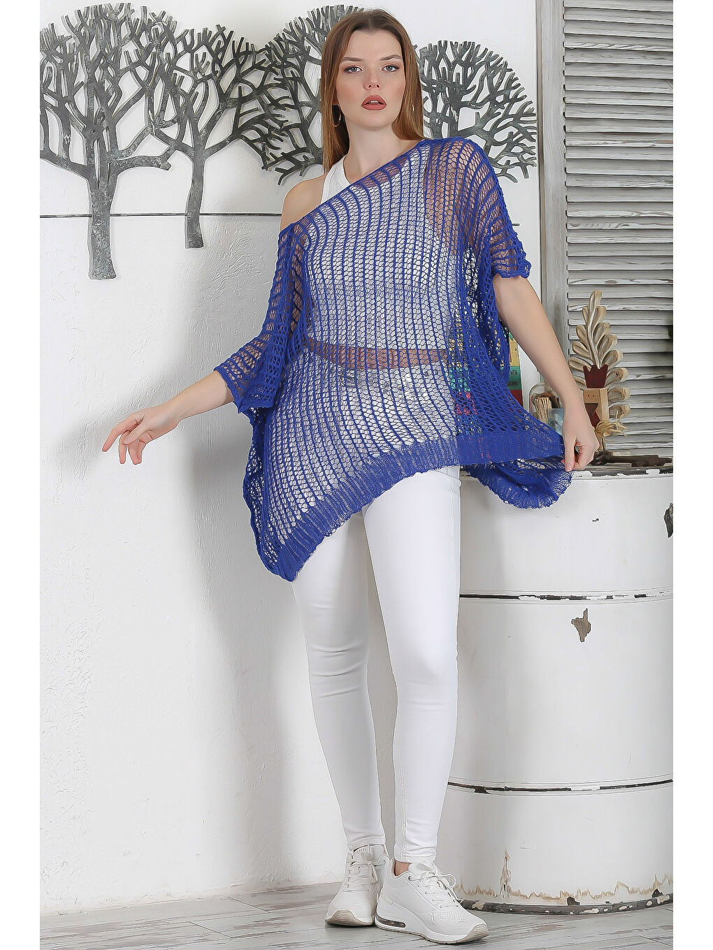 Mavi Kayık Yaka Kolsuz File Casual Oversize Triko Bluz-4