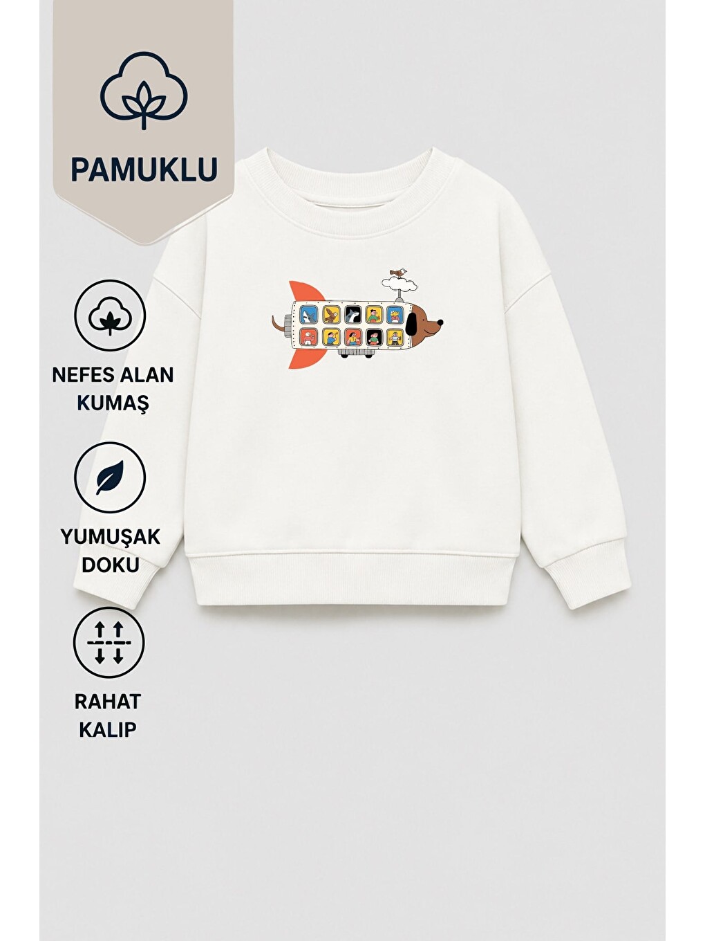 Ekru Erkek Çocuk 3 İplik Kumaş Pamuklu Uçak Baskılı Sweatshirt-1