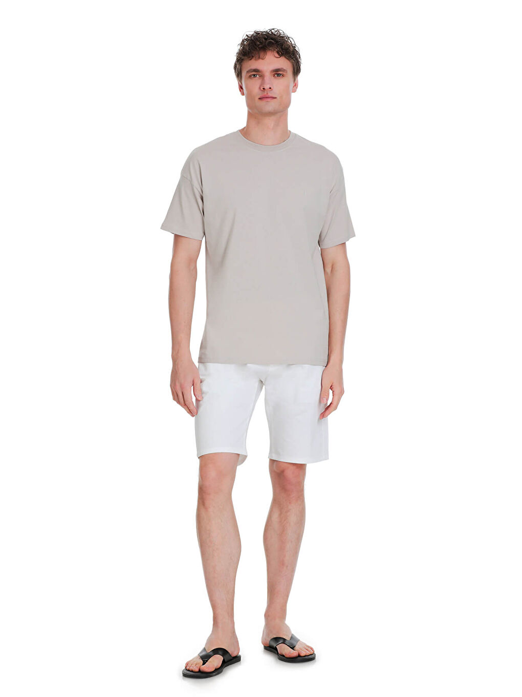 Ekru Regular Fit 100% Pamuk Bisiklet Yaka  Tişört-1