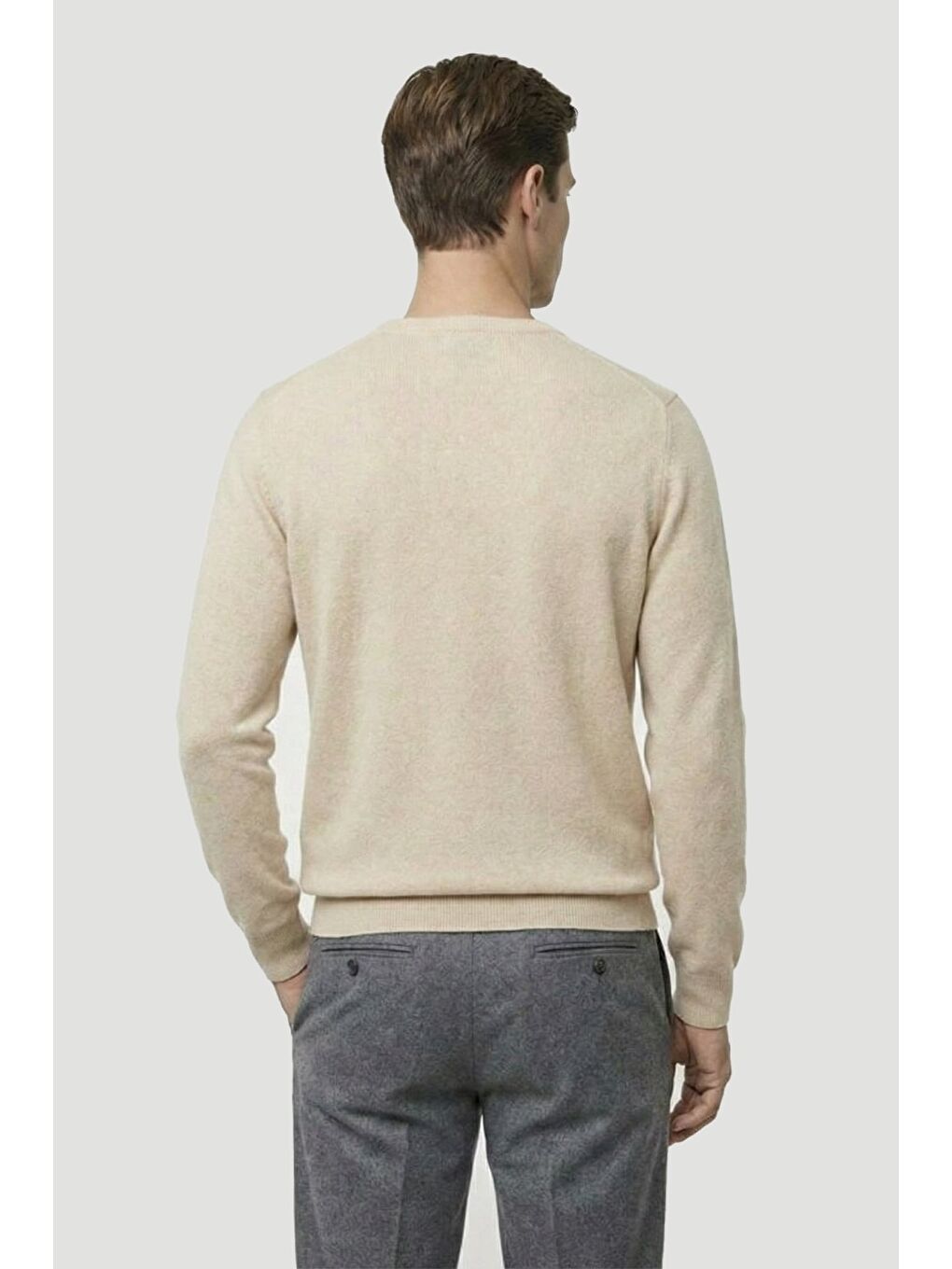 Ekru Standart Fit Yün Karışımlı Bisiklet Yaka Düz Erkek Triko Kazak-3