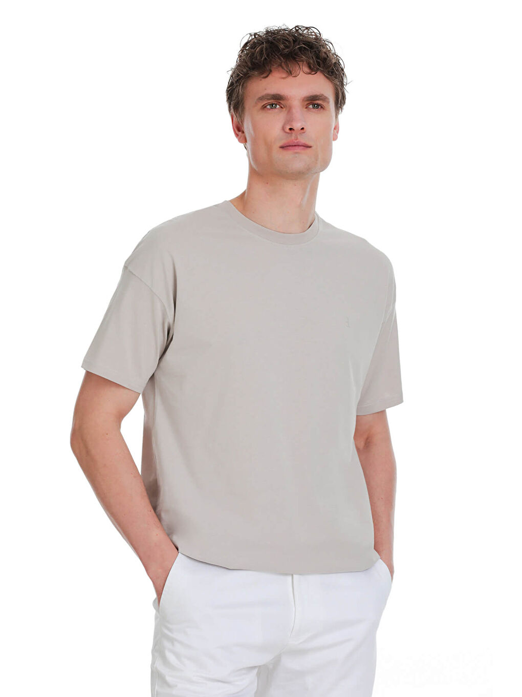 Ekru Regular Fit 100% Pamuk Bisiklet Yaka  Tişört-2