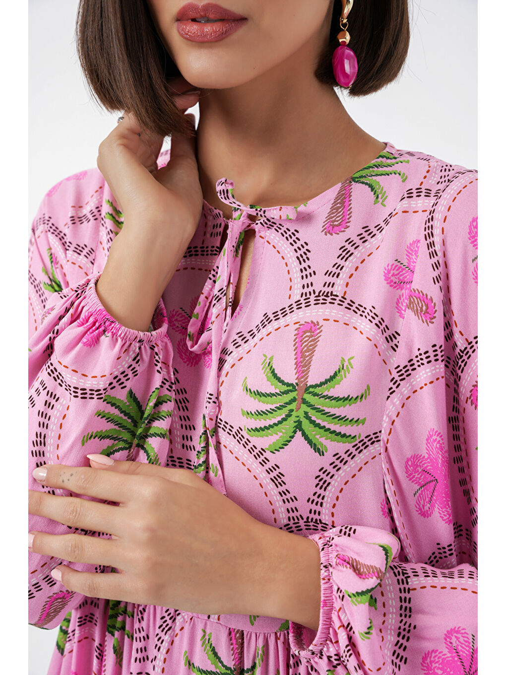 Kadın Desenli Tesettür Elbise 2594 - Pembe-4