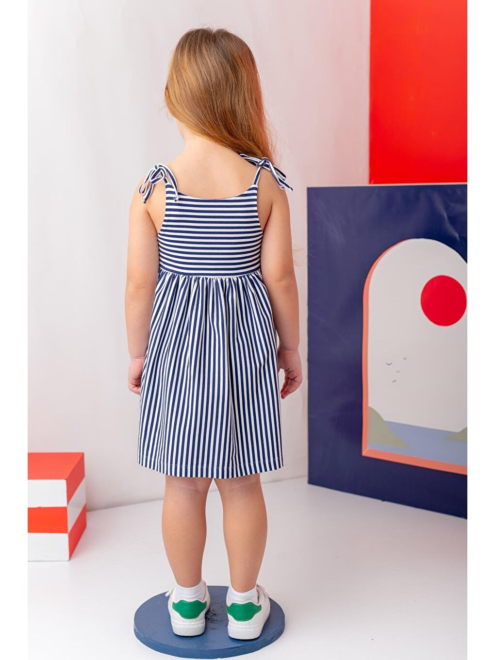 Kız Çocuk Askılı Çizgili Penye Elbise - Lacivert Çizgili-1