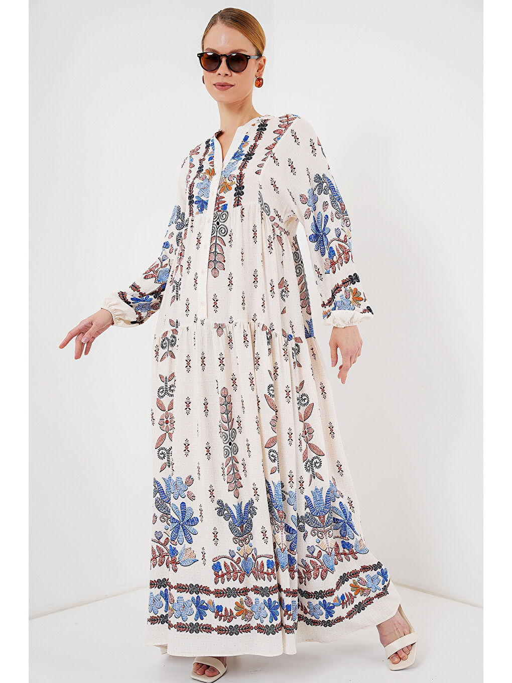 2423 Otantik Desenli Tesettür Elbise - Z. Mavi-1