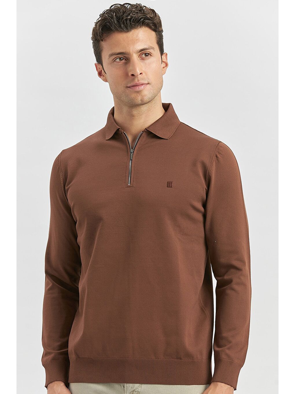 Kahverengi Taba Uzun Kollu Örme Polo Yaka Slim Fit Dar Kesim Triko 1012245150