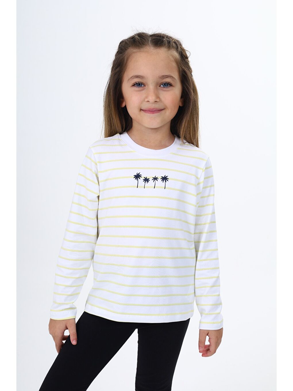 Sarı Kız Çocuk Çizgili Tişört-1