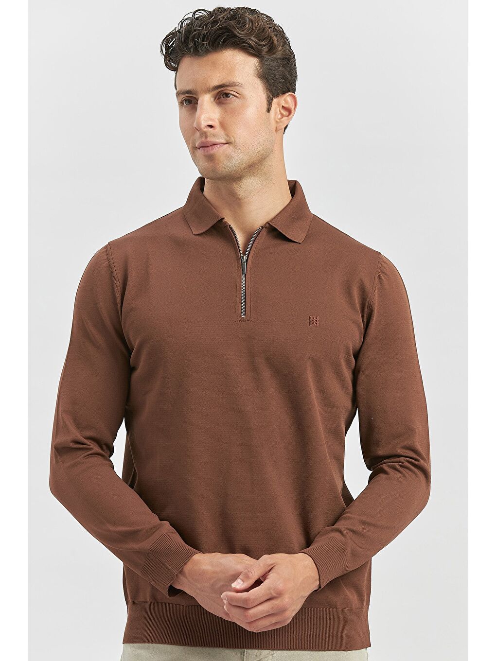 Kahverengi Taba Uzun Kollu Örme Polo Yaka Slim Fit Dar Kesim Triko 1012245150-1