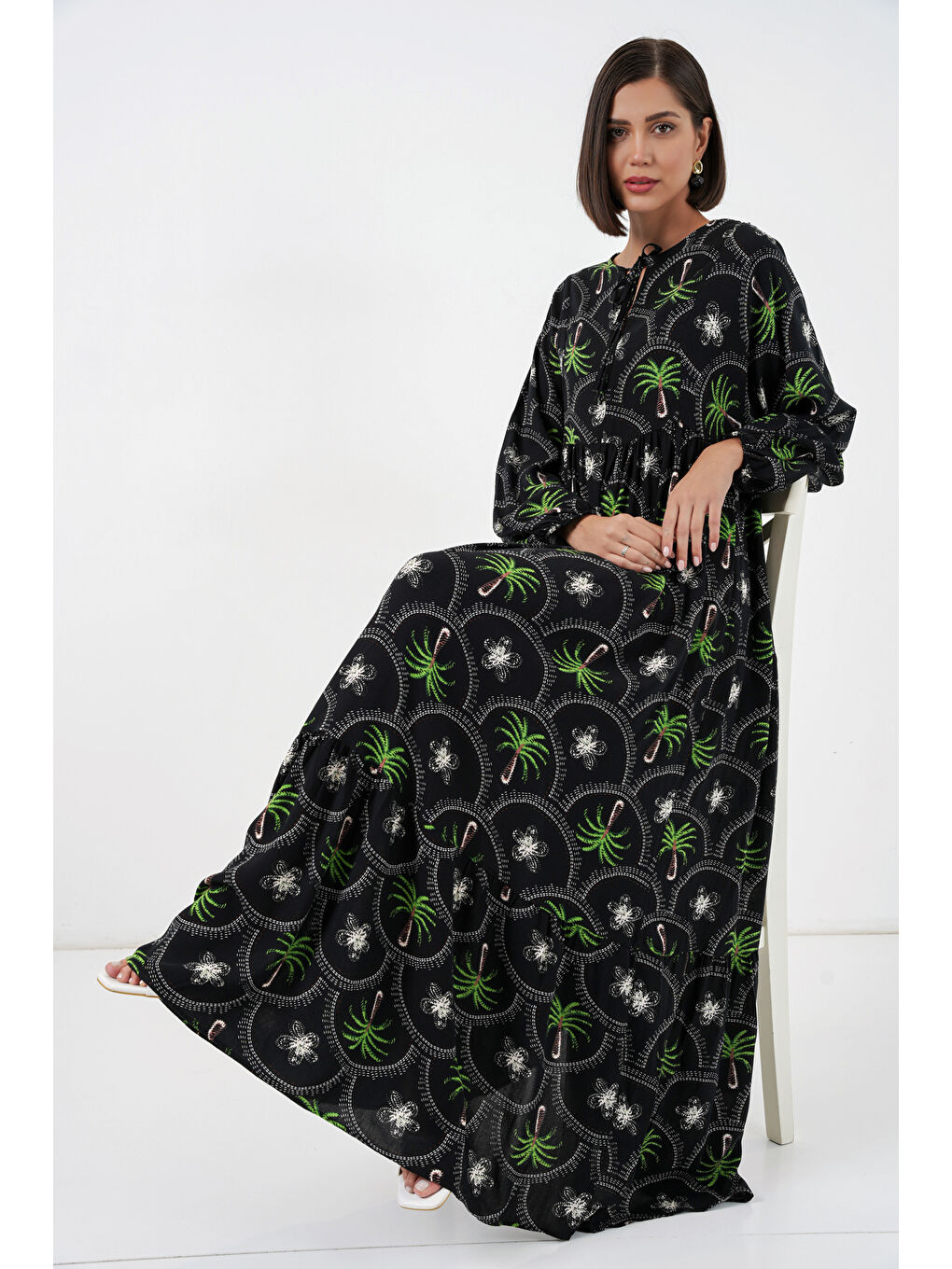 Kadın Desenli Tesettür Elbise 2594 - Siyah-1