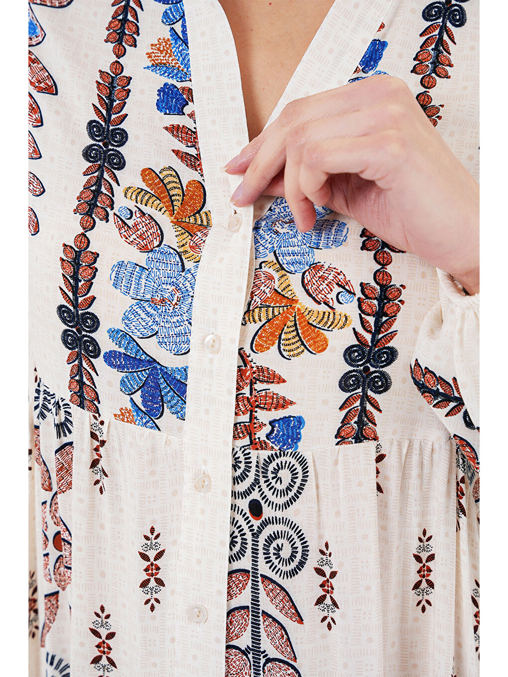 2423 Otantik Desenli Tesettür Elbise - Z. Mavi-2