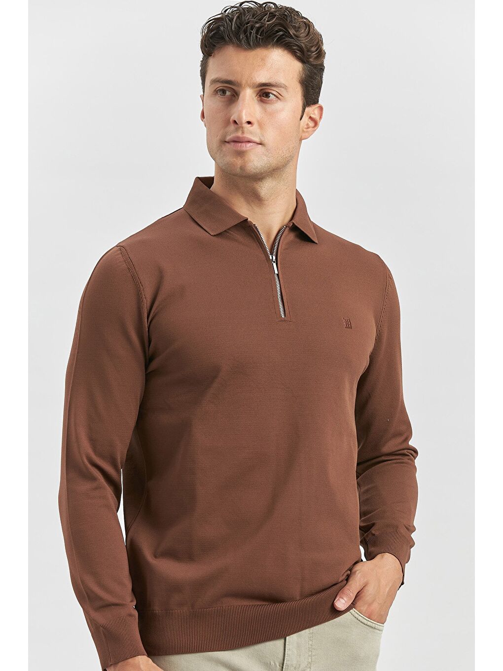 Kahverengi Taba Uzun Kollu Örme Polo Yaka Slim Fit Dar Kesim Triko 1012245150-2