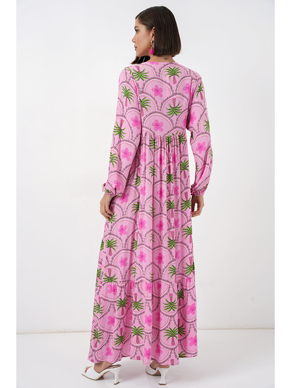 Kadın Desenli Tesettür Elbise 2594 - Pembe-5