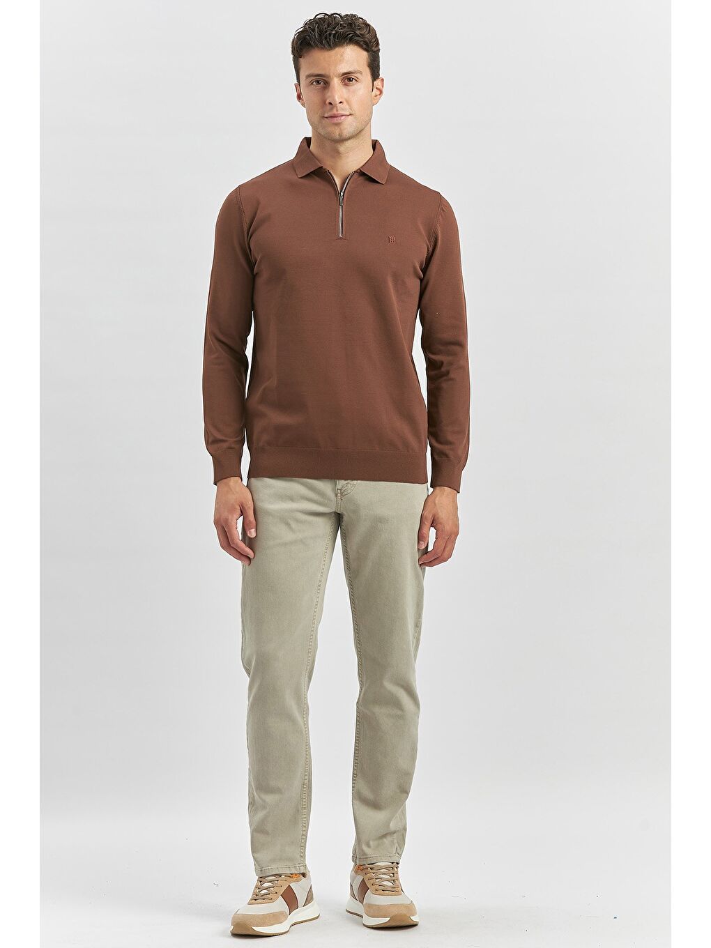 Kahverengi Taba Uzun Kollu Örme Polo Yaka Slim Fit Dar Kesim Triko 1012245150-3