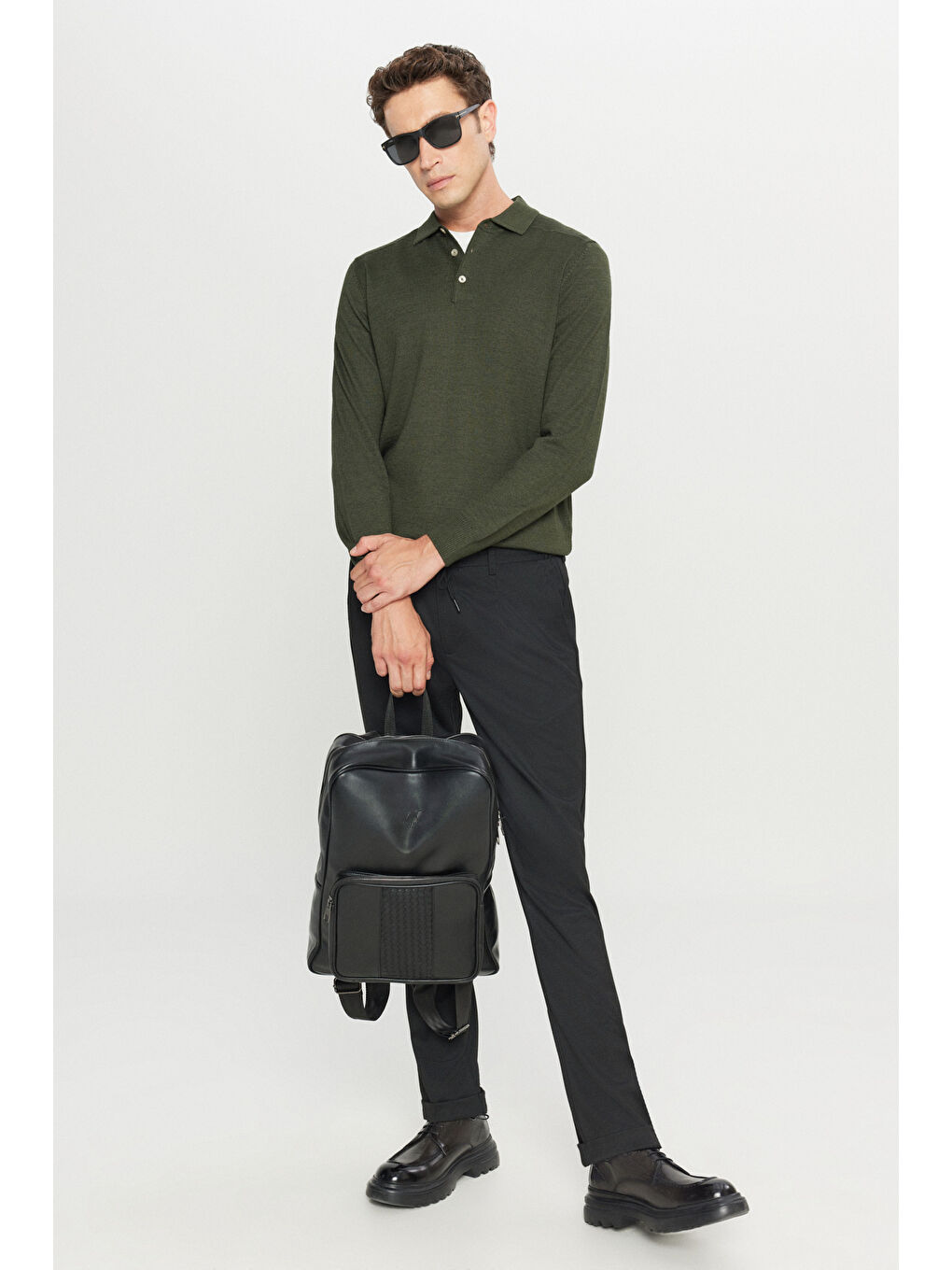 Erkek Haki Yünlü Standart Fit Normal Kesim Polo Yaka Basic Triko Kazak-1