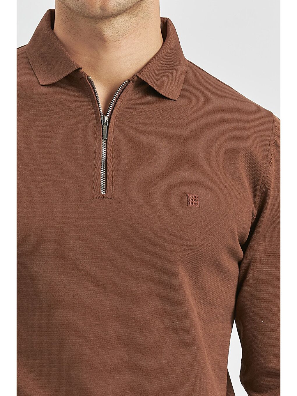 Kahverengi Taba Uzun Kollu Örme Polo Yaka Slim Fit Dar Kesim Triko 1012245150-4