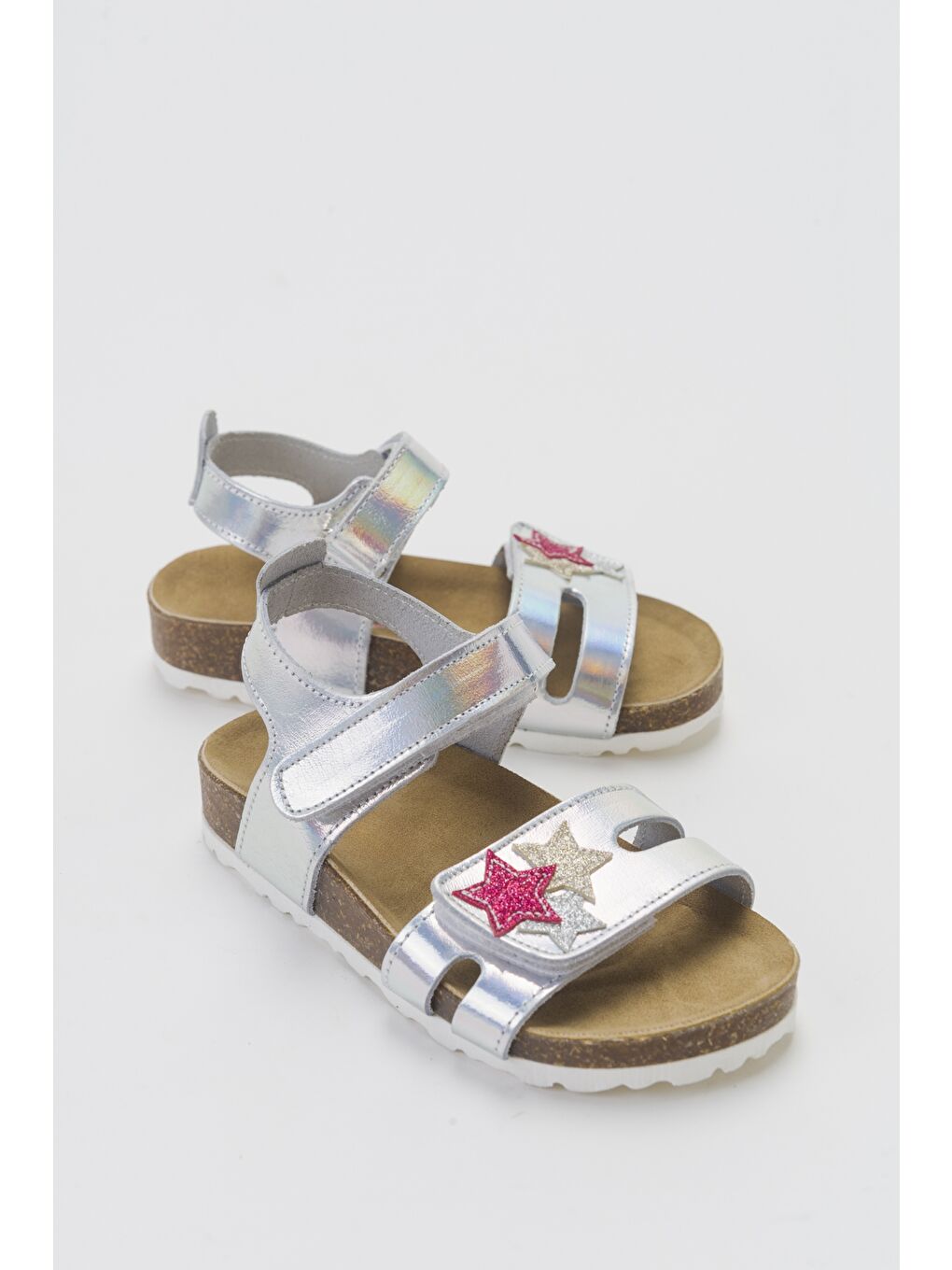 Gri Kız Çocuk Gümüş Hakiki Deri Günlük Çocuk Sandalet
