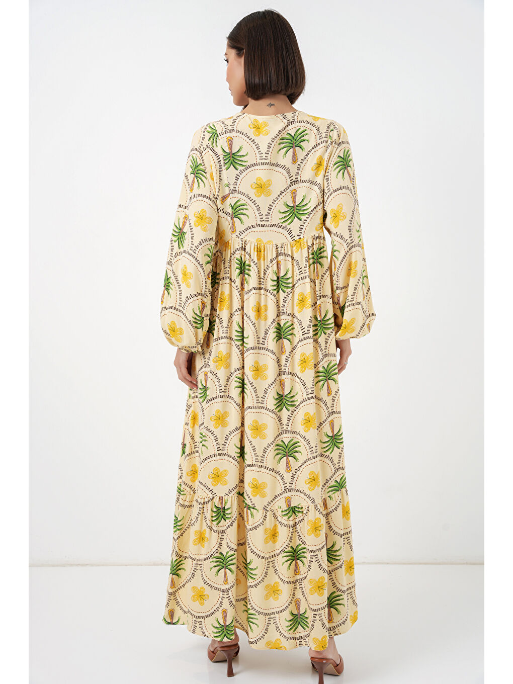 Kadın Desenli Tesettür Elbise 2594 - Sarı-5