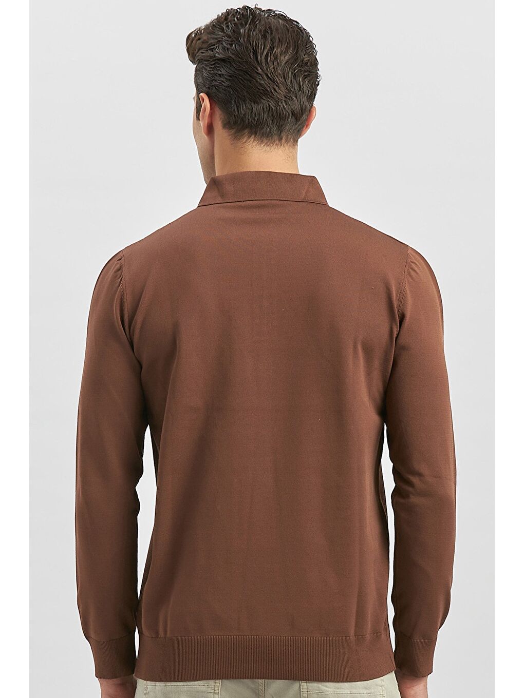 Kahverengi Taba Uzun Kollu Örme Polo Yaka Slim Fit Dar Kesim Triko 1012245150-5