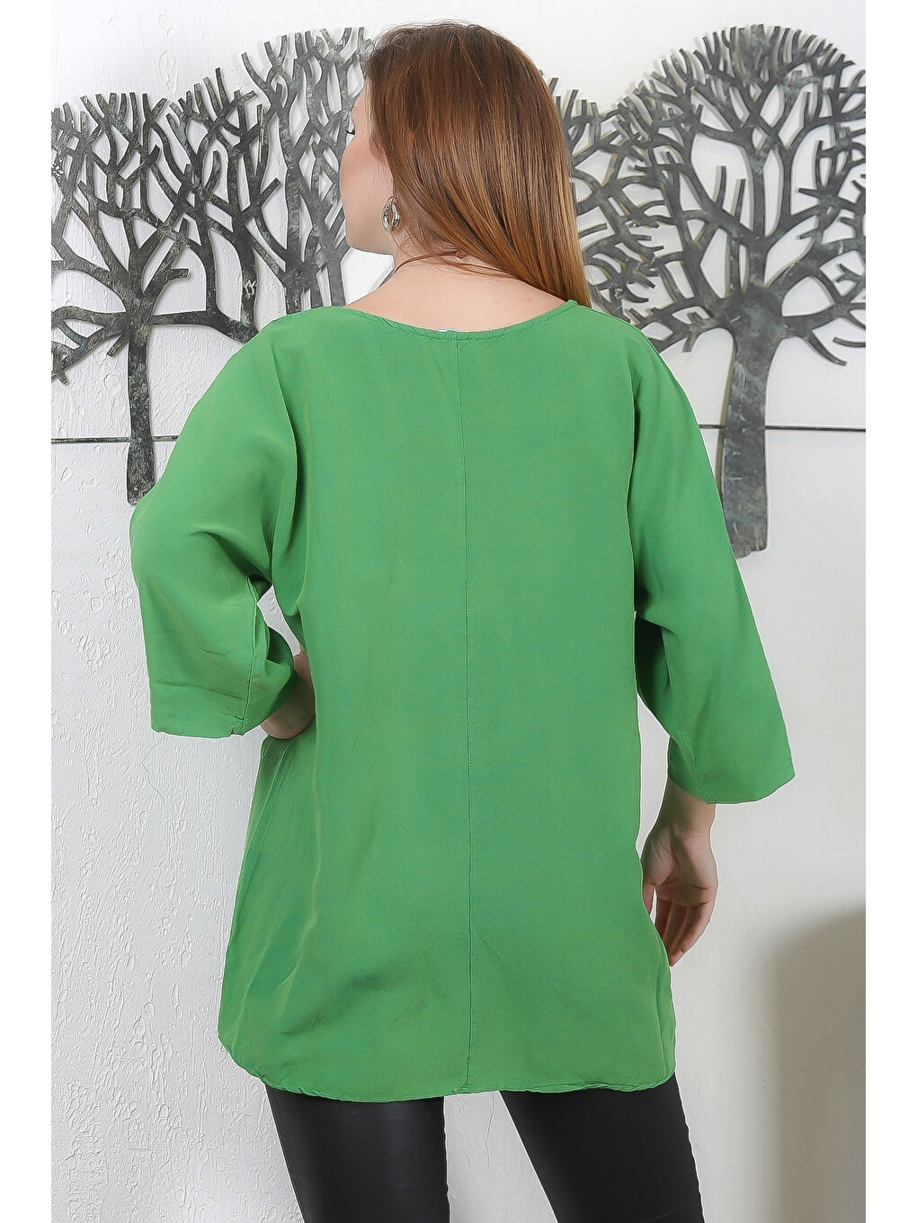 İtalyan Yeşil Havuz Yaka Yarasa Kol Yıkamalı Kolyeli Casual Dokuma Bluz-7