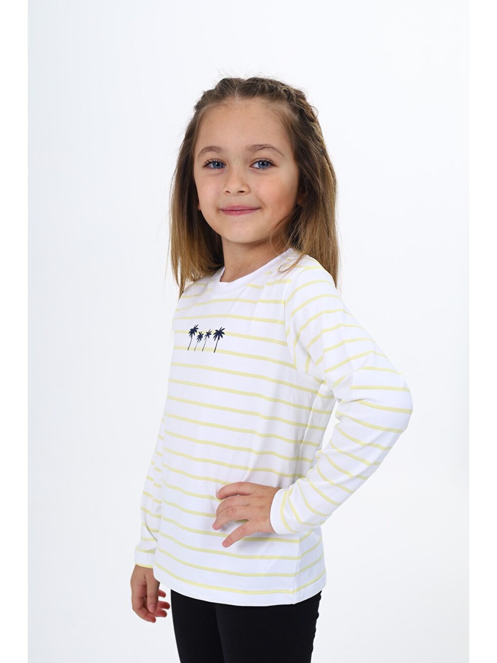 Sarı Kız Çocuk Çizgili Tişört-4