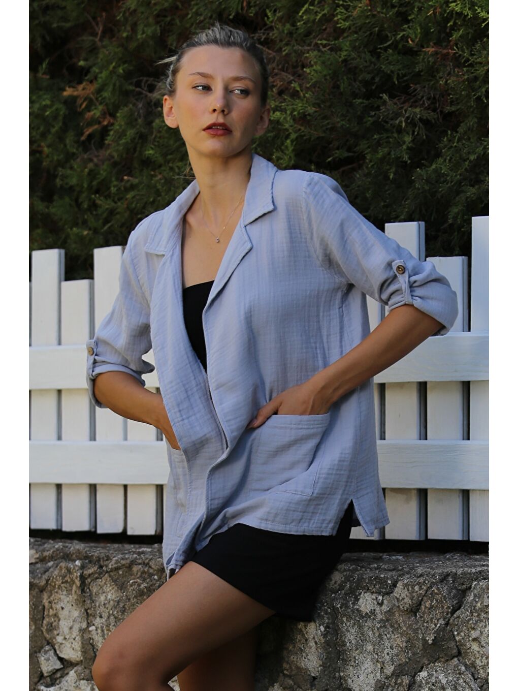 Gri Ceket Yaka Düğmeli Uzun Kollu Cepli Müslin Dokuma Casual Ceket-1