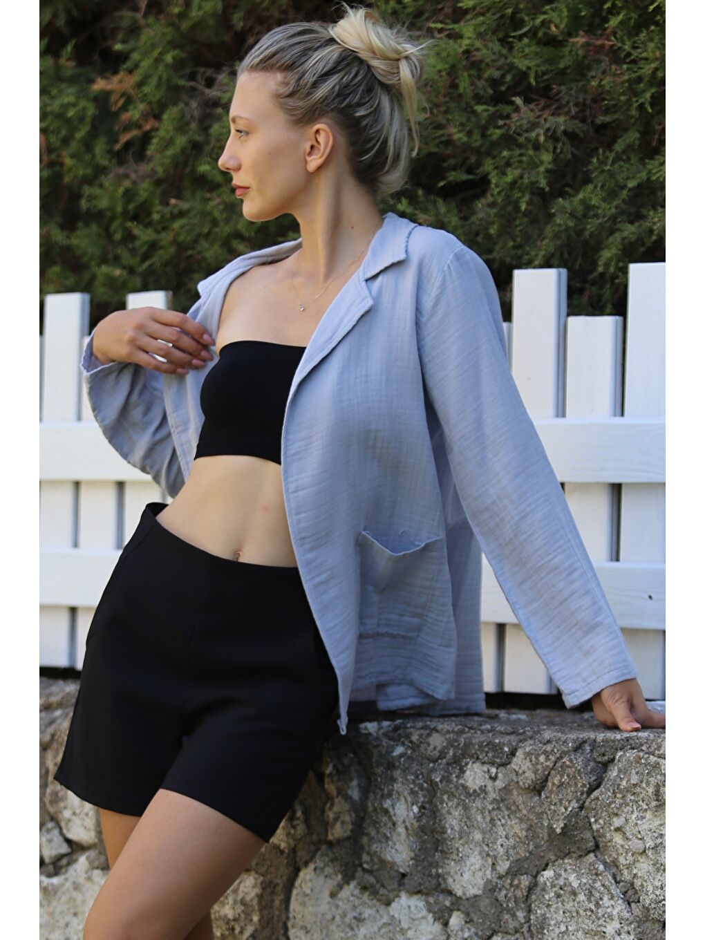 Gri Ceket Yaka Düğmeli Uzun Kollu Cepli Müslin Dokuma Casual Ceket-2