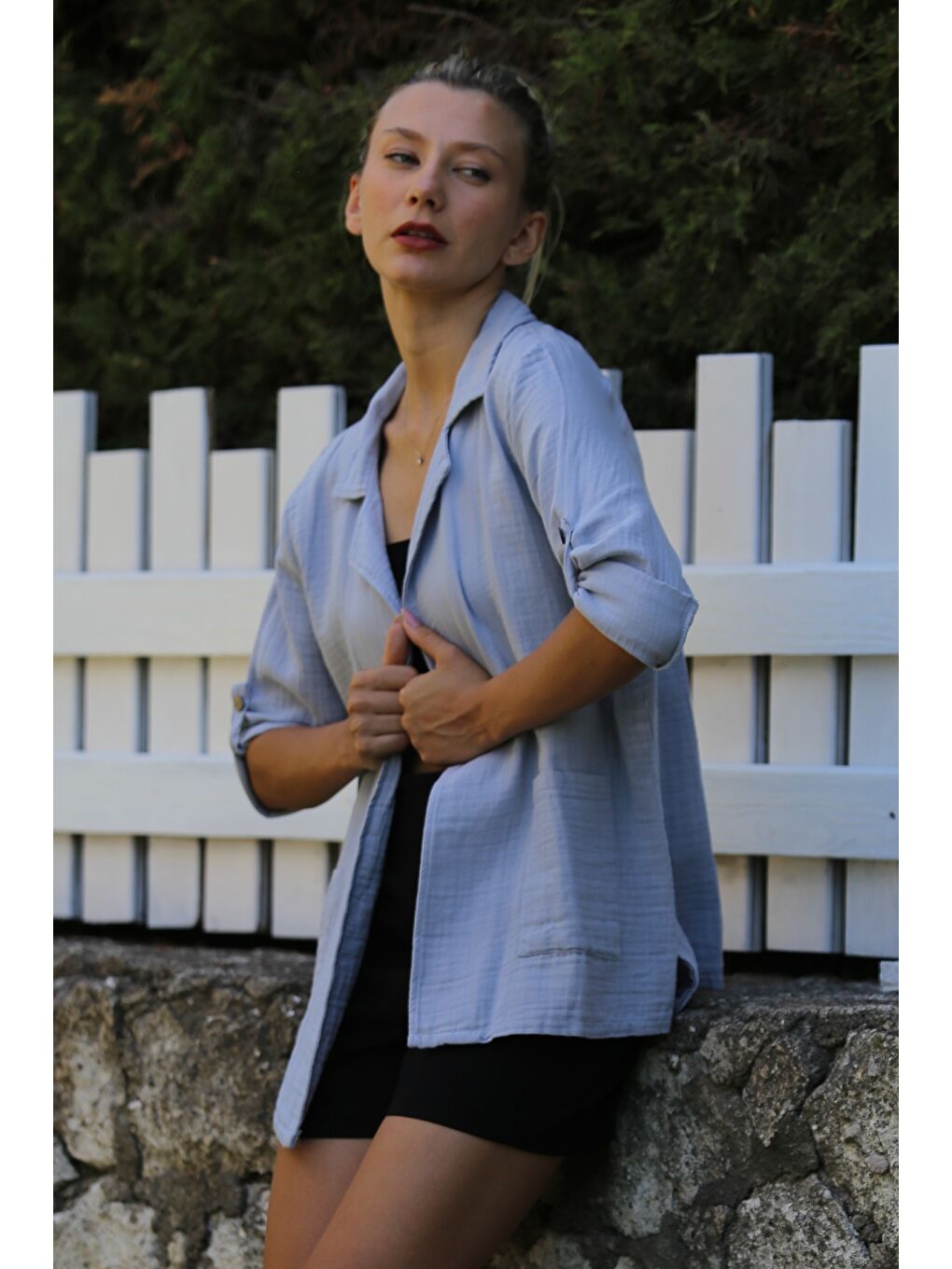 Gri Ceket Yaka Düğmeli Uzun Kollu Cepli Müslin Dokuma Casual Ceket-4