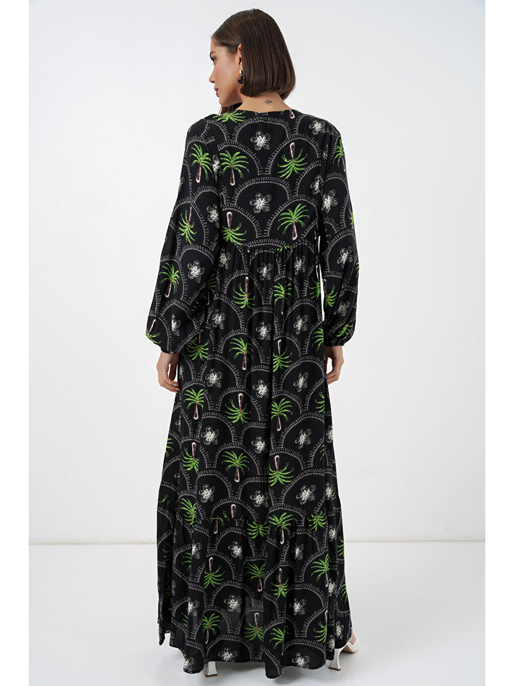 Kadın Desenli Tesettür Elbise 2594 - Siyah-5