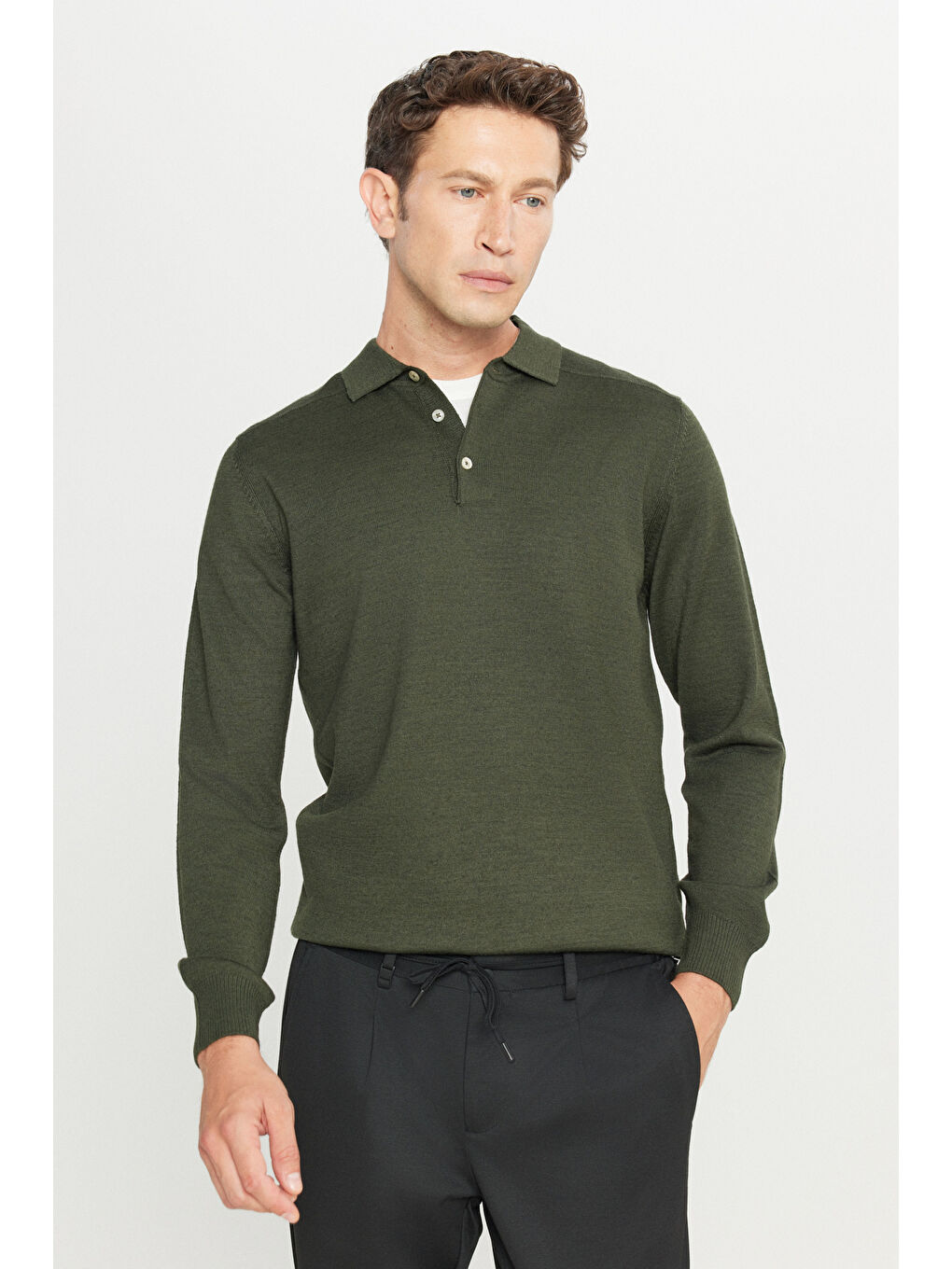 Erkek Haki Yünlü Standart Fit Normal Kesim Polo Yaka Basic Triko Kazak-2