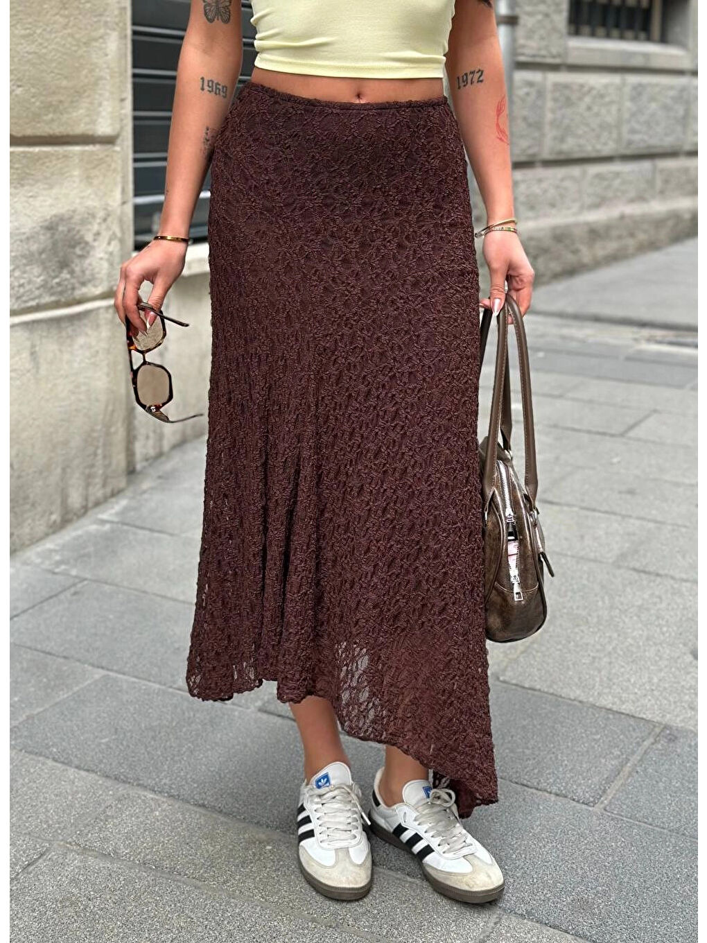 Kadın Kahverengi Asimetrik Kesim Astarlı Dantel Etek HZL25S-ZK13571-2