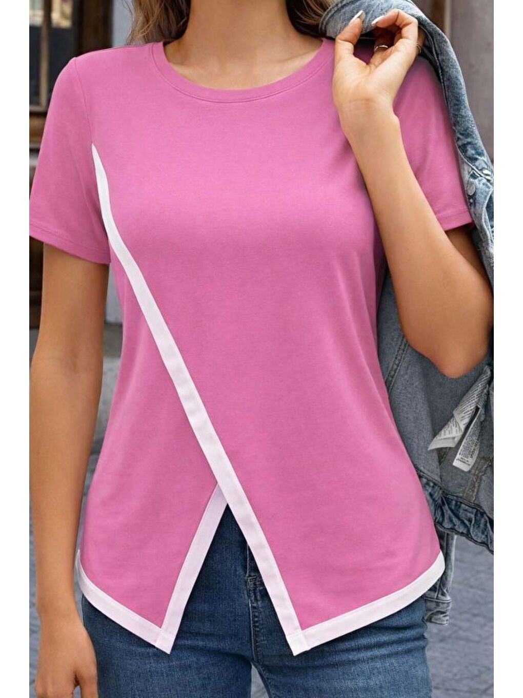 Pembe Kadın Kısa Kollu Bisiklet Yaka Viskon Bluz-1