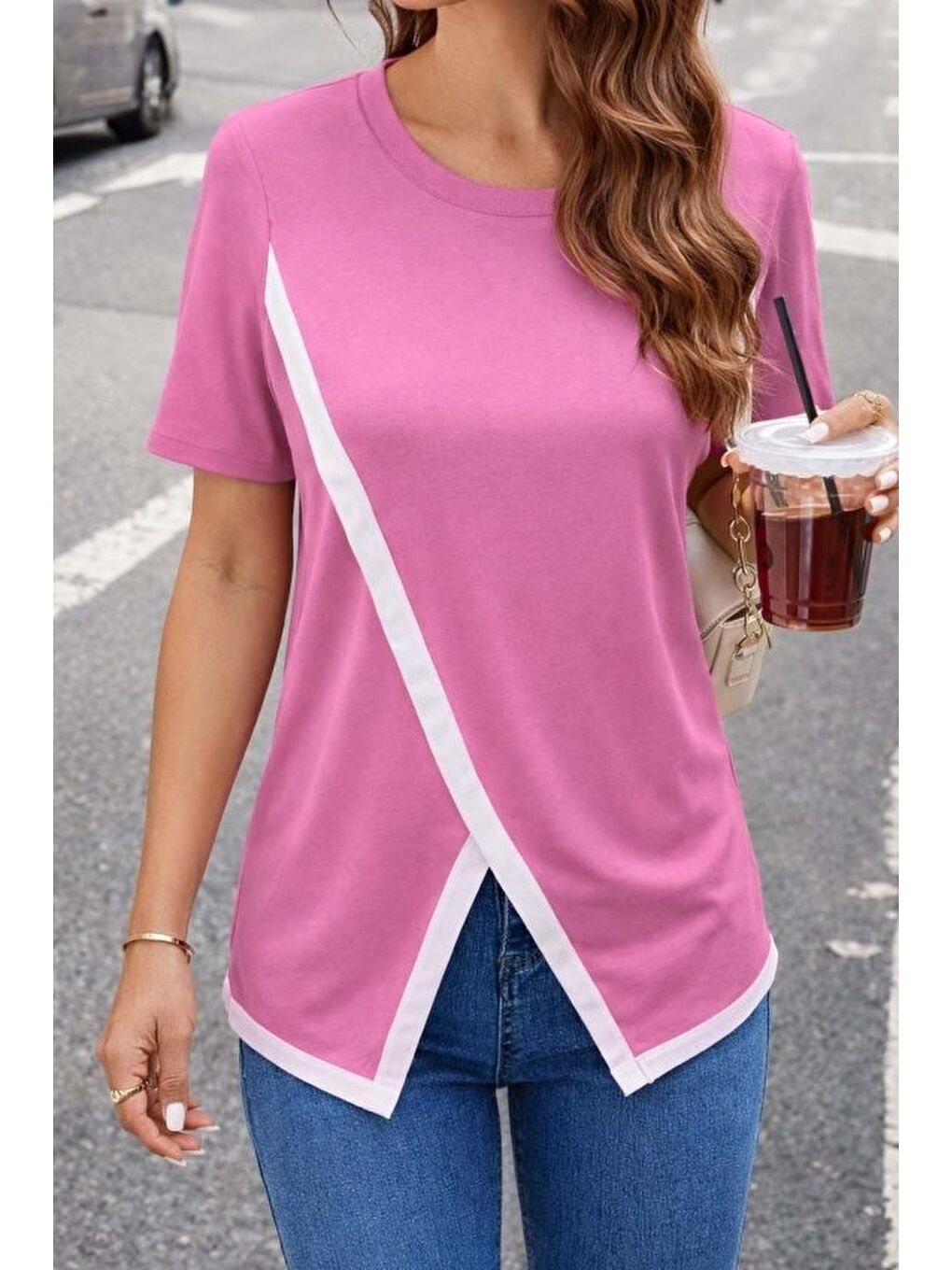 Pembe Kadın Kısa Kollu Bisiklet Yaka Viskon Bluz-2