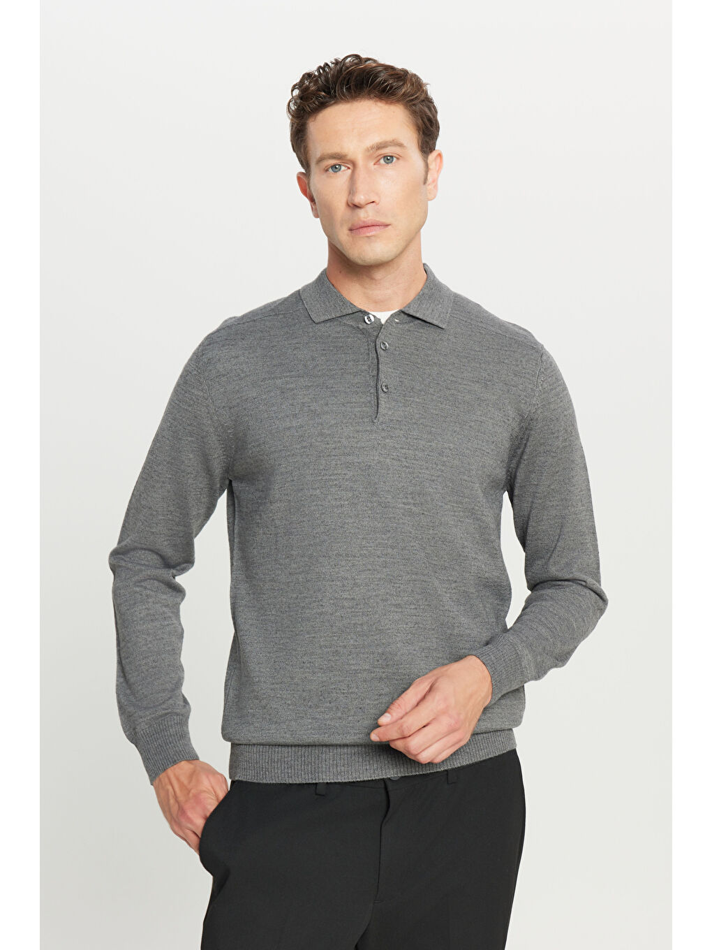 Erkek Gri Melanj Yünlü Standart Fit Normal Kesim Polo Yaka Basic Triko Kazak